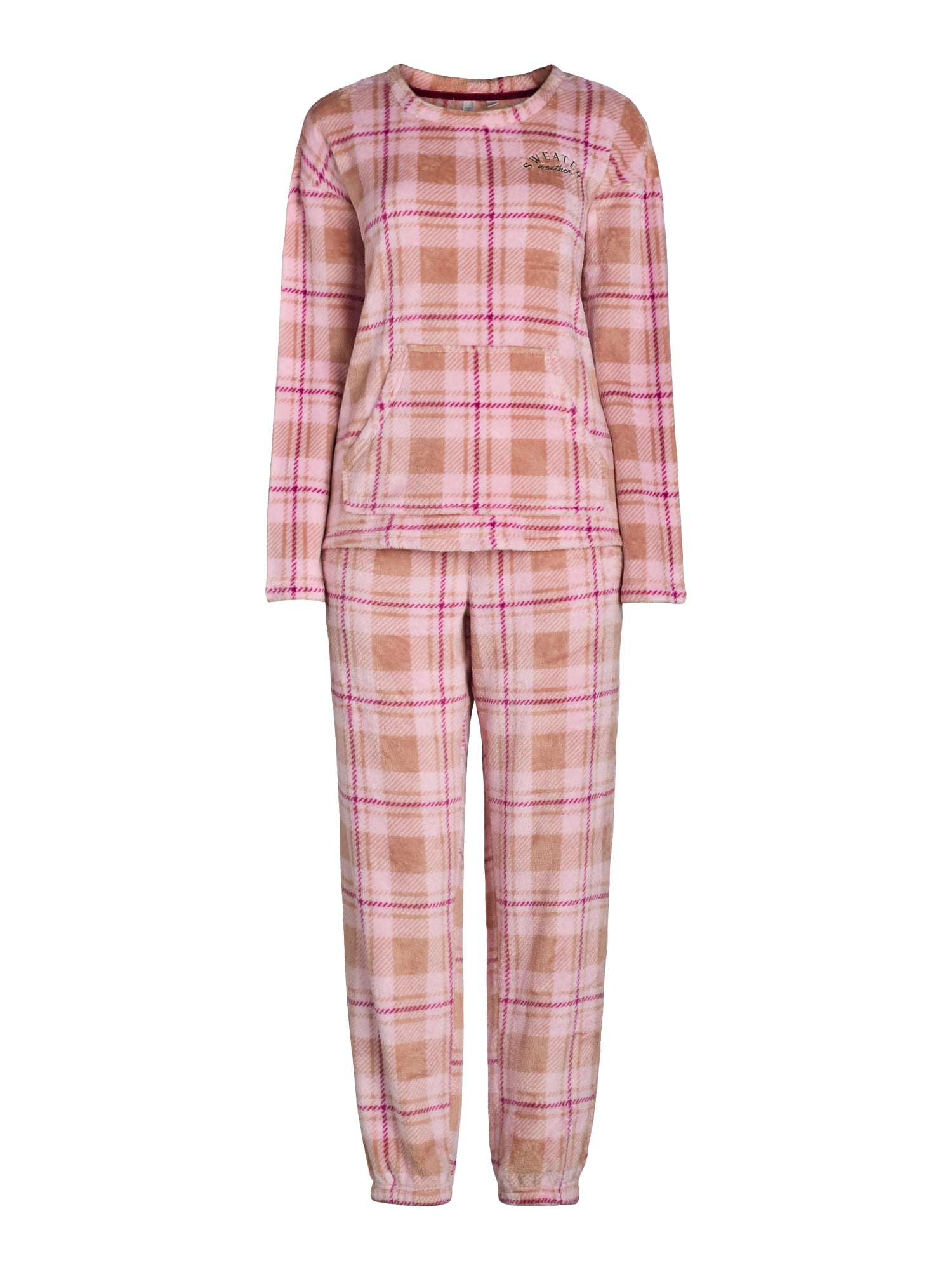 Joyspun Women’s and Women’s Plus Crew Neck Plush Pajama Set, Sizes XS-3XL