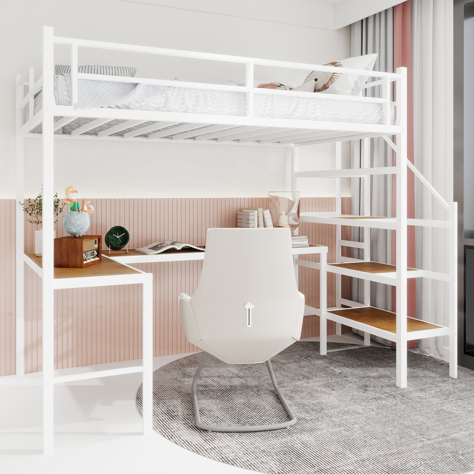 Alvantor Loft Bed Twin Size with L-shaped Desk, Metal Bed Frame with stairs for Kids/Teens, No Box Spring Needed White