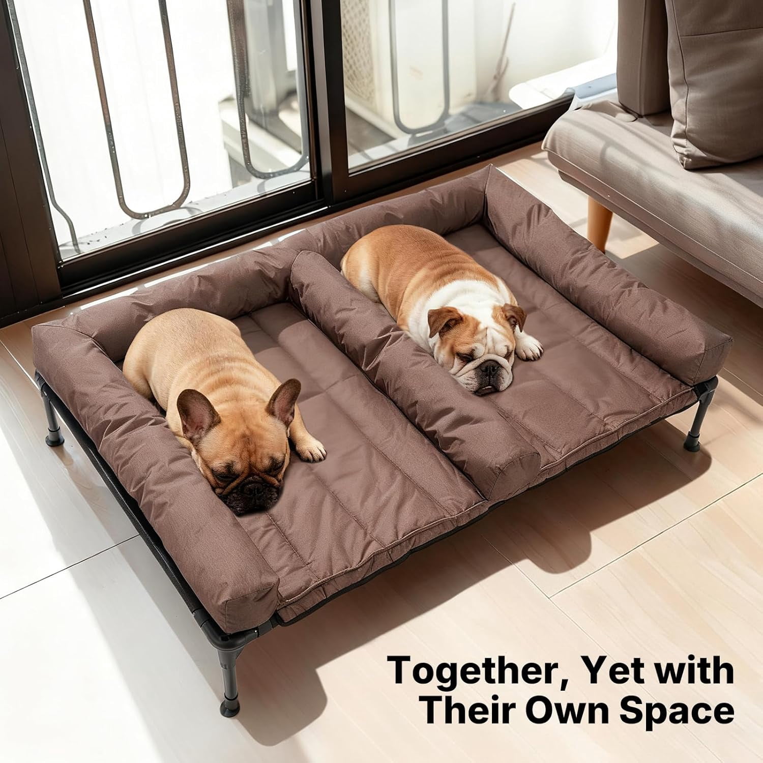 Elevated Dog Bed for Two Dogs, Cooling Raised Dog Bed with Removable Waterproof Bolster Mat, 53" x 37.5" Double Dog Bed, Outdoor & Indoor Pet Cot with Breathable Mesh, Non-Slip Feet, Brown