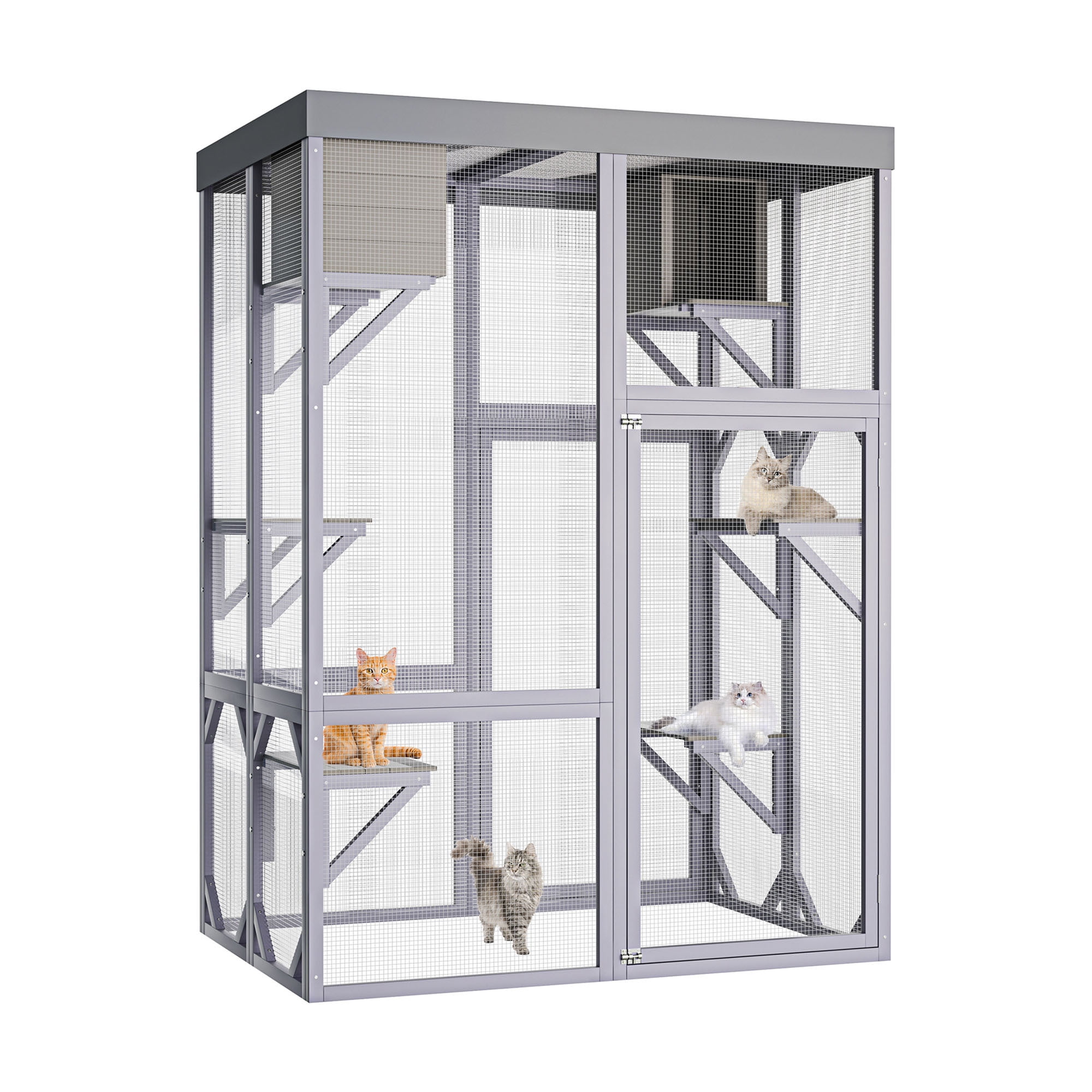 70" Catio Outdoor Cat Enclosure Indoor cage, large Wooden Cat House with Waterproof Roof, 4-Tier Playing Platforms & 2 Napping Houses with Connectable Window Door for Multiple Cats (Grey)