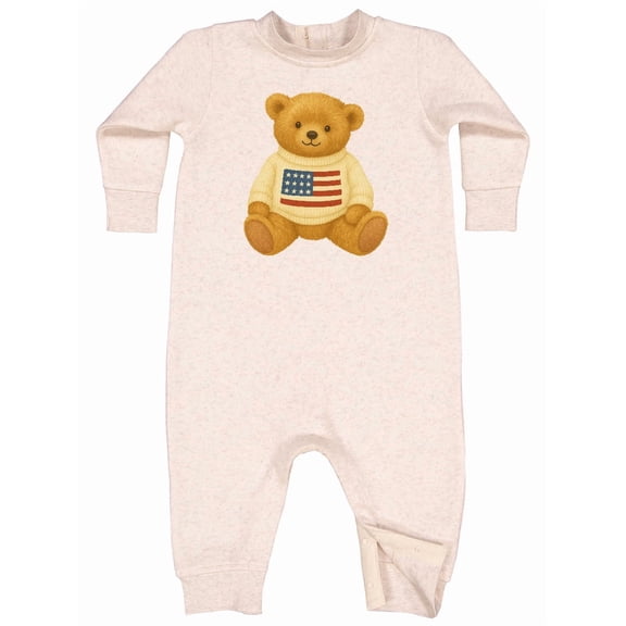 Inktastic Vintage Patriotic Bear with American Flag Sweater Baby Fleece Romper