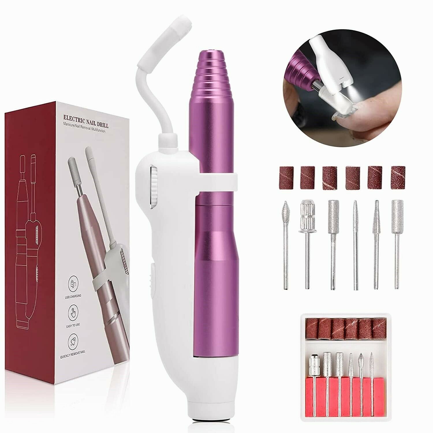 Portable Electric Nail Drill with LED Light, Electric Nail File for Acrylic Nails Kit with 6 Heads, Portable Efile Manicure Pedicure Tool for Polishing Shape, Home Salon Use