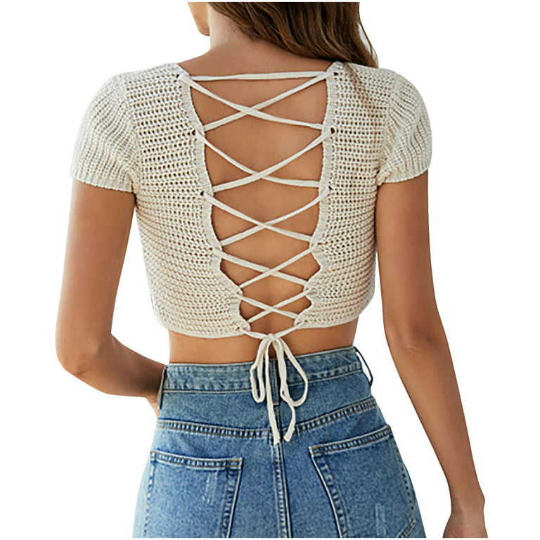 YYDGH Women's Lace Crochet Crop Top Hollow Out Short Sleeve Sweater Ribbed  Knit Top Beige M 