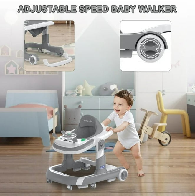 LHUAI 5-in-1 Baby Walker With Bouncer, Removable Footrest, Feeding Tray & Music, Foldable & Adjustable Activity Walker For Boys And Girls, Toddler Infant, Grey