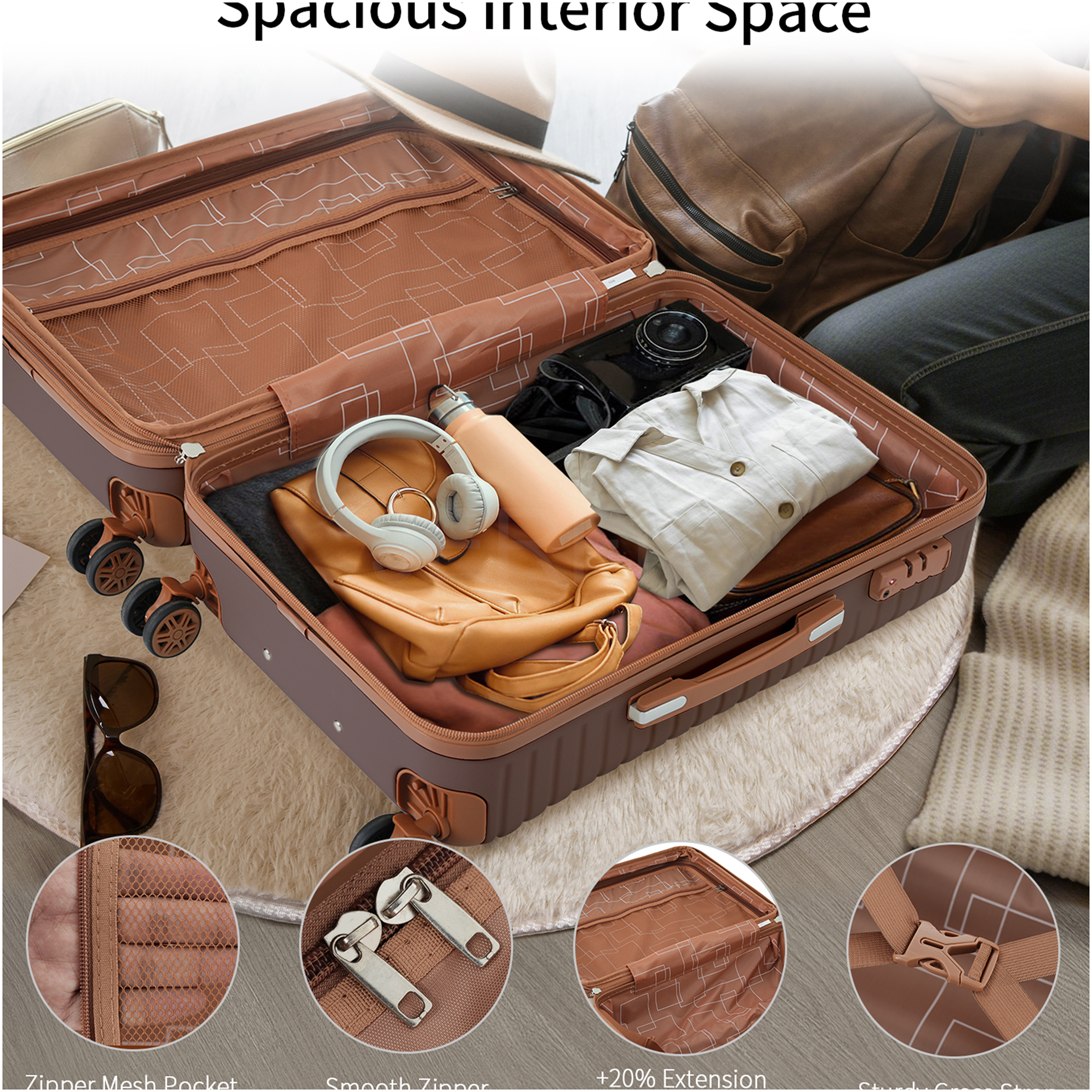 JERFIT 3-Piece Hardshell ABS Suitcase Set with TSA Lock, 360° Spinner Wheels, Lightweight Check-In & Carry-On Luggage for Men and Women, Brown