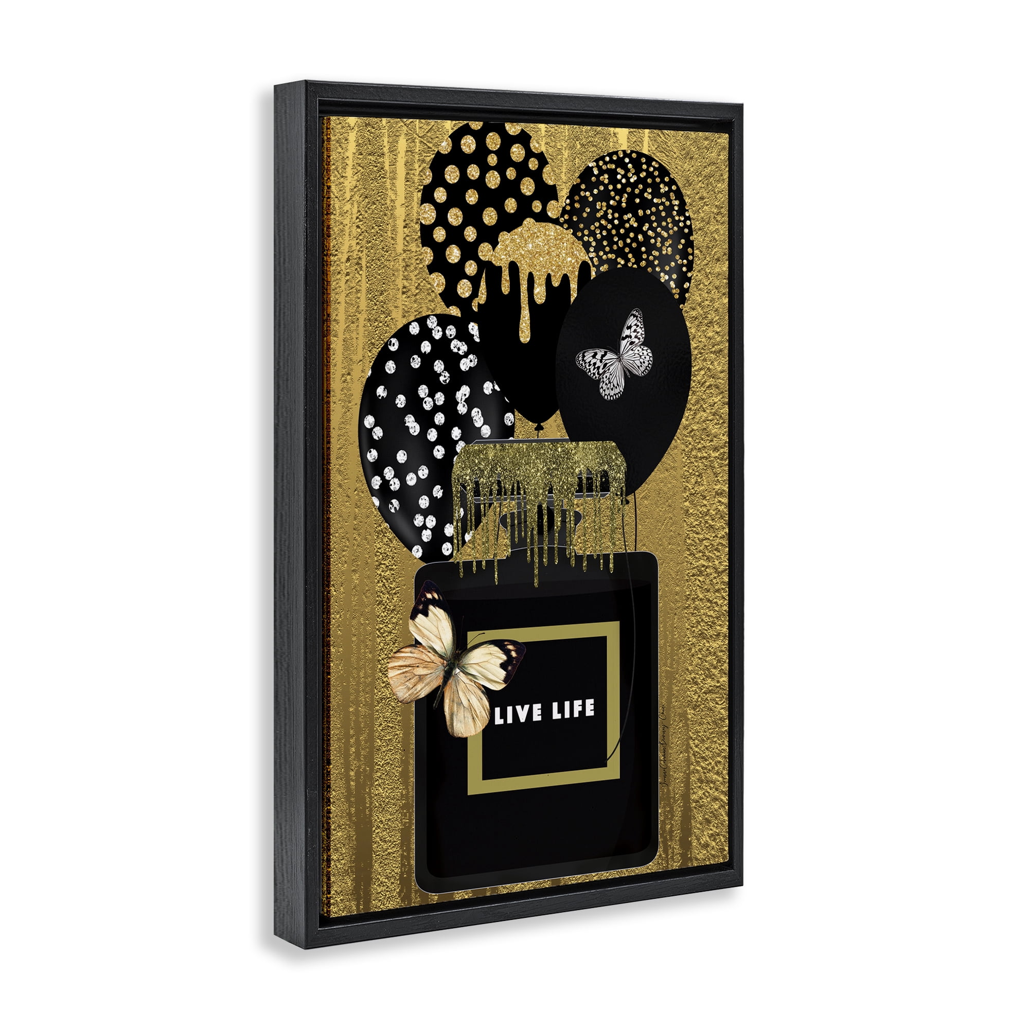 Stupell Industries Live Life Gold & Black Fashion Painting Black Floater Framed Canvas Art Print Wall Art, 21 x 31