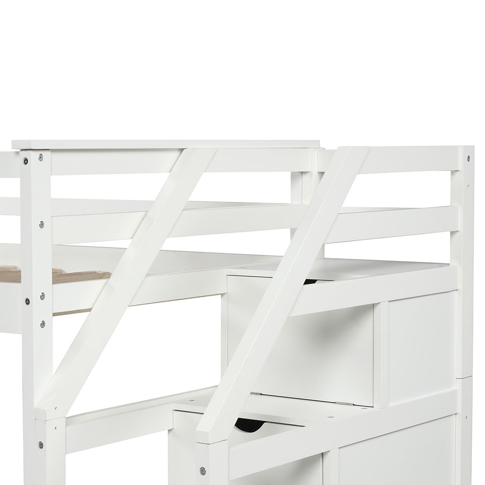 Kepooman Twin-Over-Twin Modern Wooden Bunk Bed with Twin Trundle & 3 Storage Stairs, 94.4"L x 42.4"W x 61.4"H, White Kepooman Twin-Over-Twin Modern Wooden Bunk Bed with Twin Trundle & 3 Storage Stairs, 94.4"L x 42.4"W x 61.4"H, White