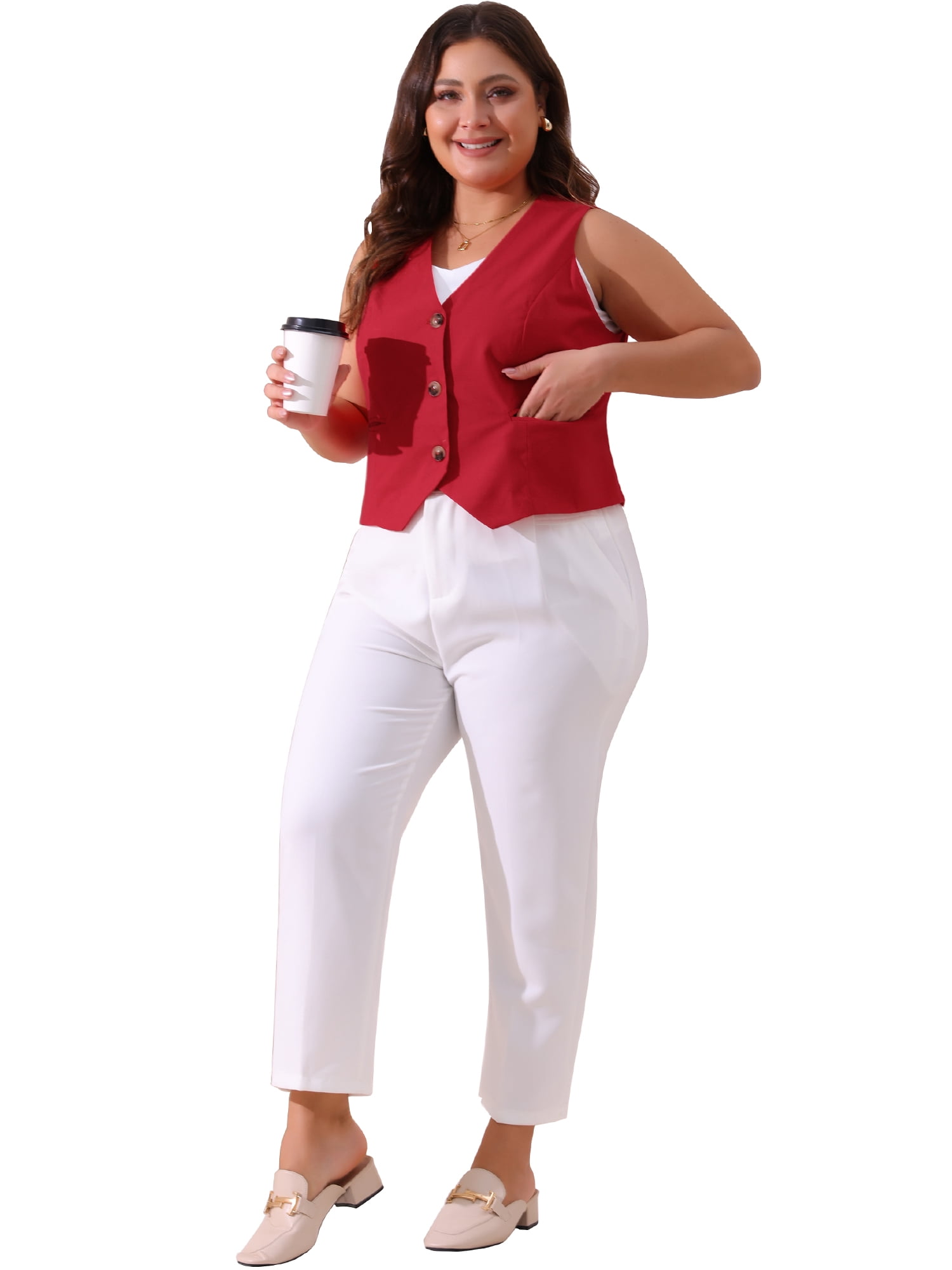 DARING DIVA Women's Plus Size Casual Soft Lined Button Down Vest 4X Red