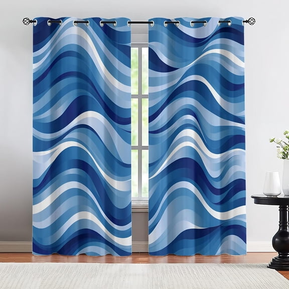 Blue Geometric Wave Blackout Curtains, Abstract Striped Drapes for Bedroom Living Room, Modern Grommet Thermal Insulated Window Treatments 26"W x 45"L (2 Pack)