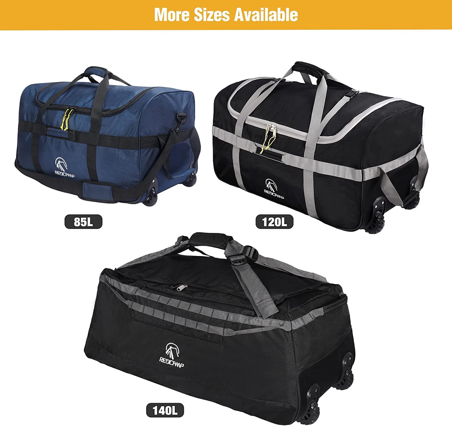 REDCAMP 85L Foldable Duffle Bag with Wheels 26", 1680D Oxford Collapsible Large Duffel Bag with Rollers for Camping Travel Gear, Navy