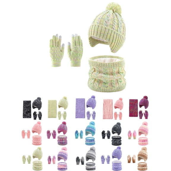Kids Winter Beanie Gloves Scarf Set,Girls Toddler Winter Hat With Pom Neck Warmer Gaiter Mittens Fleece Lined Set