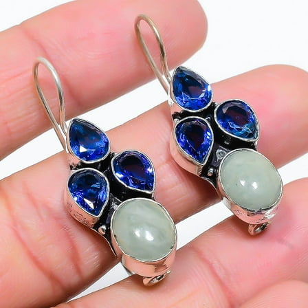 Prehnite, Tanzanite Gemstone 925 Sterling Silver Jewelry Earring 1.58"