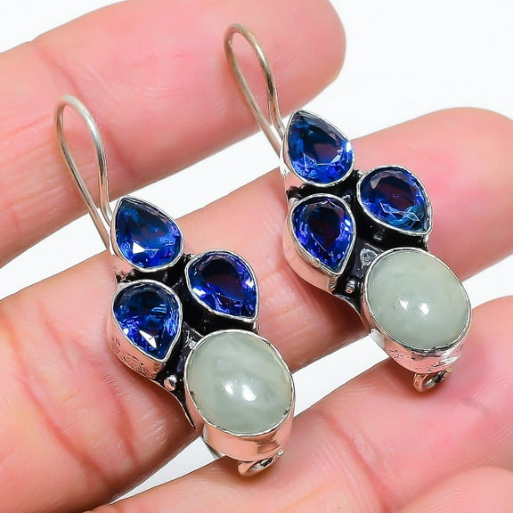 Prehnite, Tanzanite Gemstone 925 Sterling Silver Jewelry Earring 1.58"