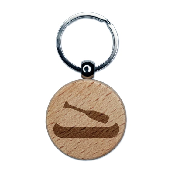 Canoe Doodle Round Keychain Charm Tag - Engraved Wood