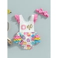 thumbnail image 3 of Musuos Baby Girls Summer Casual Romper Sleeveless Ruffle Donut Print Playsuit with Headband, 3 of 9