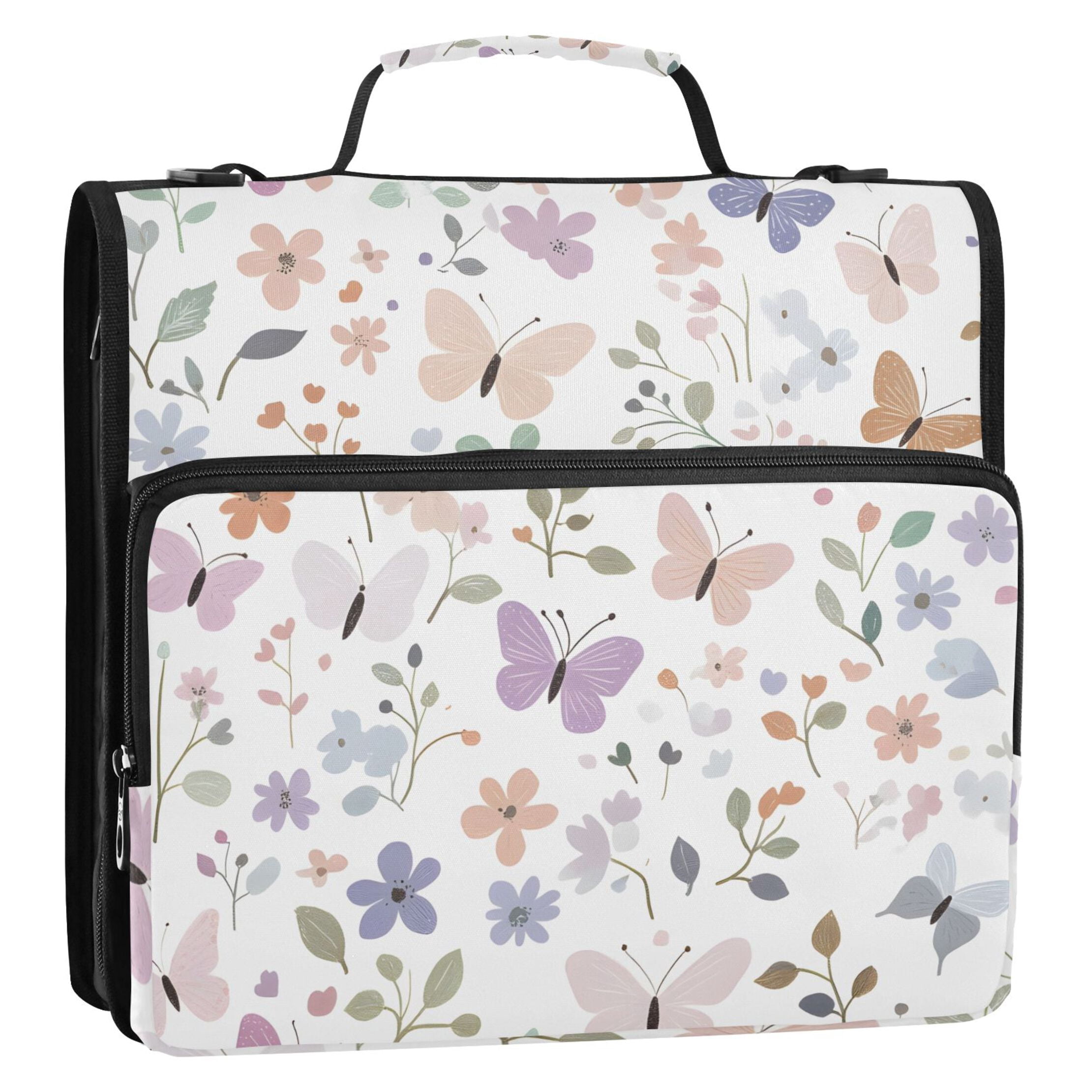 3 Ring Zipper Binder with Shoulder Strap Waterproof Trapper Keeper 2 Inch D-Ring 500 Sheets Capacity Butterflies and Flowers