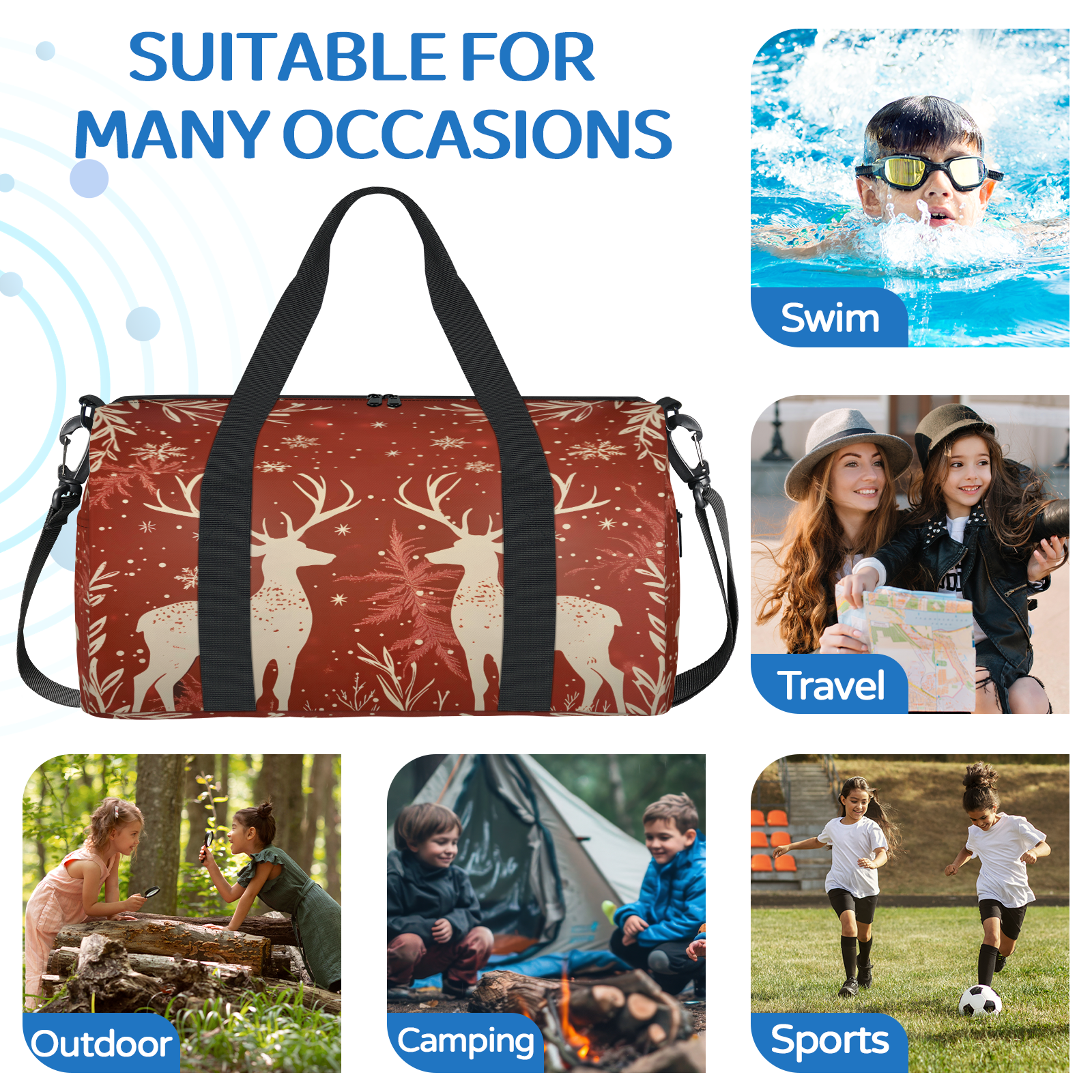 Herdesigns Reindeer And Holly Christmas Gym Bag for Women, Duffle Bag for Travel Sport, Lightweight Waterproof Carry on Weekender Overnight Dance Yoga Workout Bags
