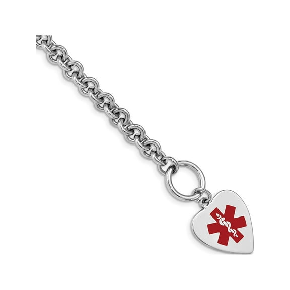 Designer Sterling Silver Rhodium Engraveable Enameled Heart Medical Id Bracelet (Length=7.75) (Width=18) Made In United States