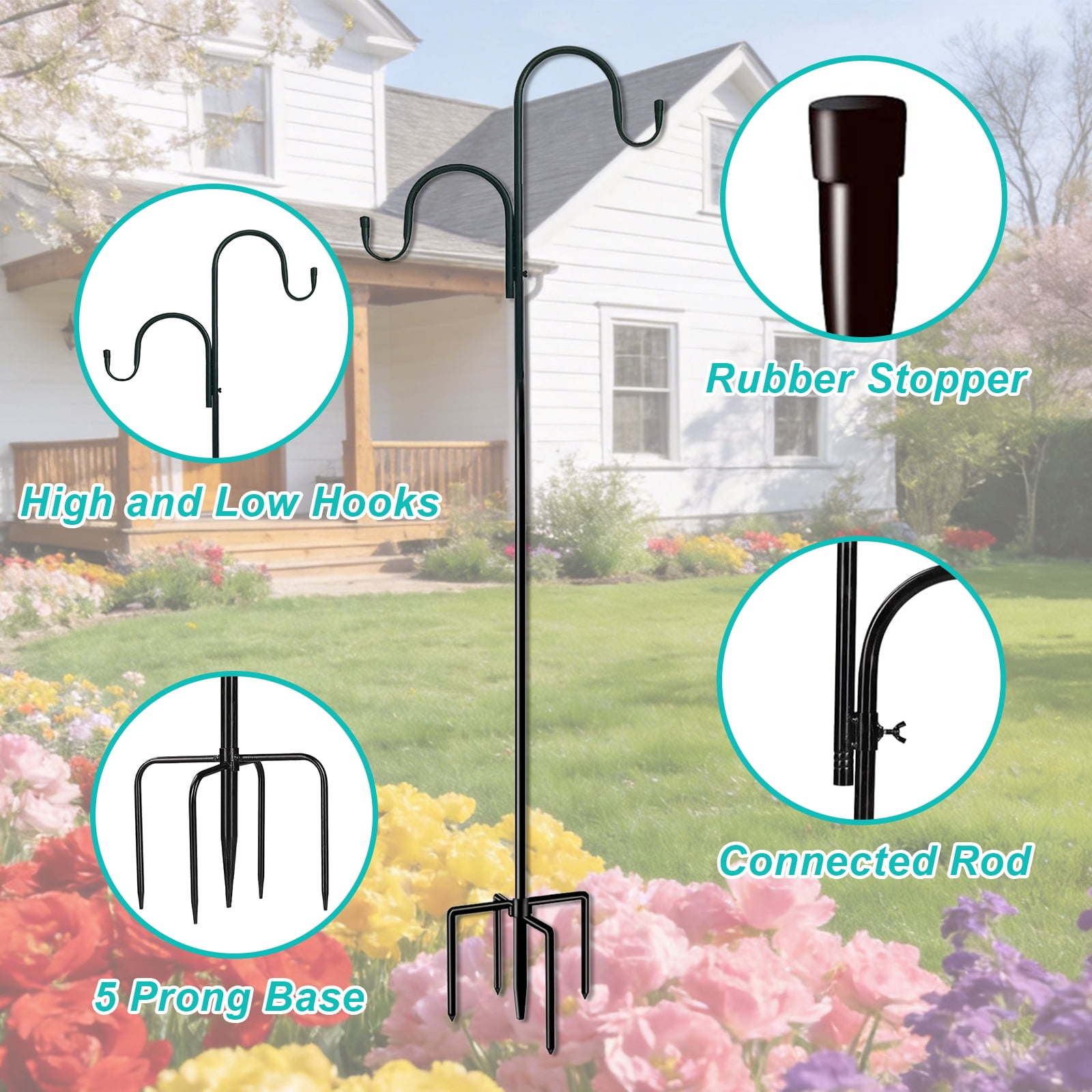 AGCAN Double Shepherds Hook for Outdoor, Heavy Duty Bird Feeder Pole with 5-Prong Base, Adjustable 94 Inch Garden Hook for Hanging Plant Baskets, Solar Light Lanterns, Wind Chimes