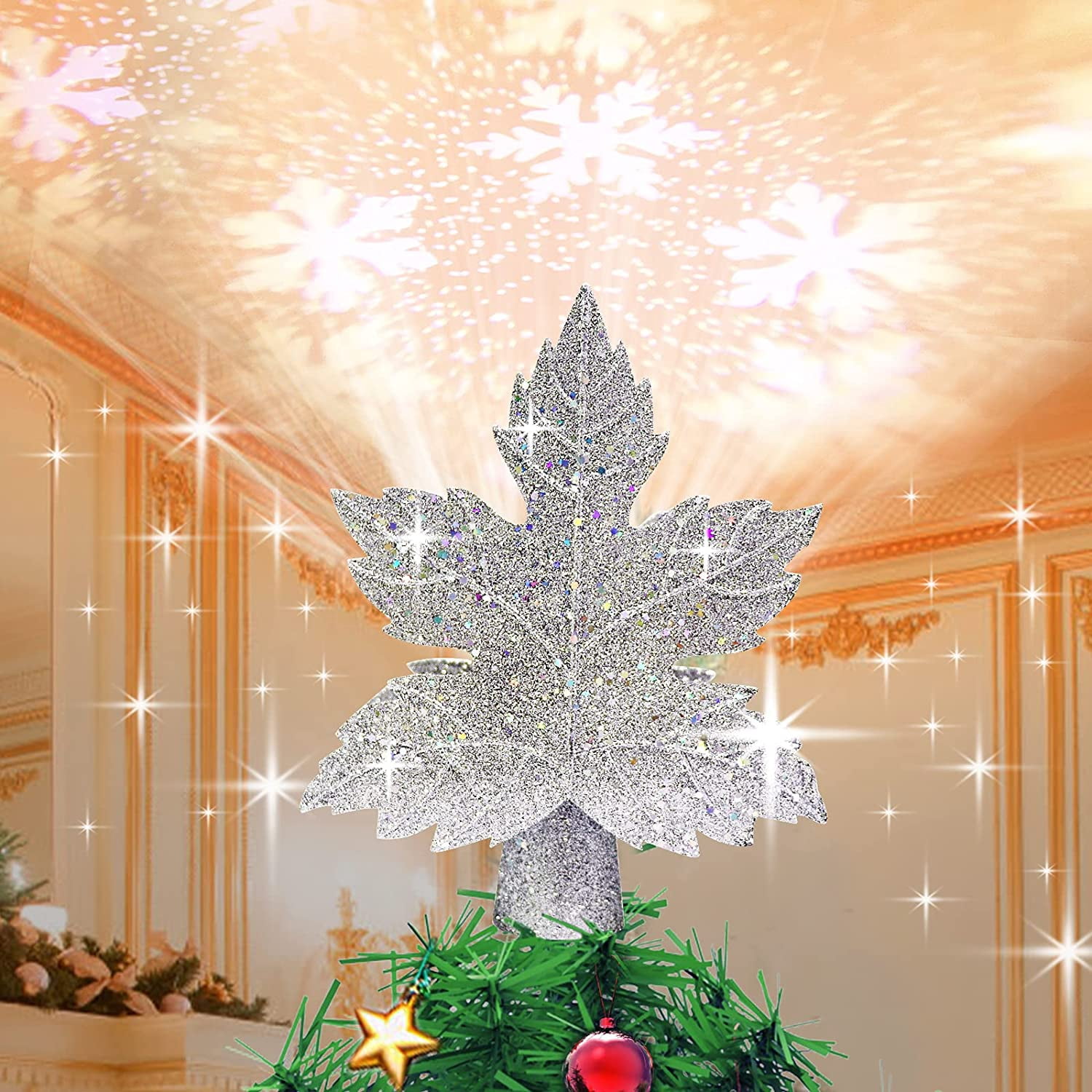 Vowish Rotating Snowflake Tree Topper With LED Projector - 10" Christmas Star With 8ft Cord