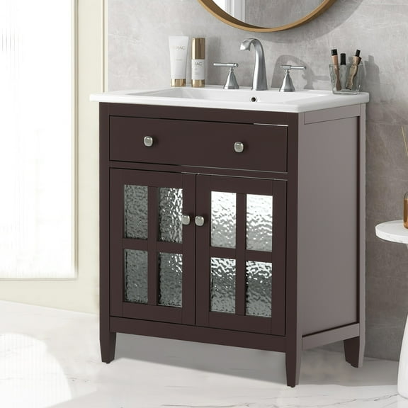 30" Freestanding Bathroom Storage Cabinet with Ceramic Sink, Bathroom Vanity with Adjustable Shelf and Tip-Out Tray, Solid Wood Legs, Metal Knobs and Soft Close Hinges（Brown）