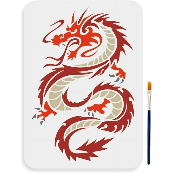Ancient Dragon Stencil 11.7×8.3inch Large Medieval Dragon Stencils with Paint Brush Reusable Chinese Dragon Template for Canvas Fabric Wall DIY Craft Projects White