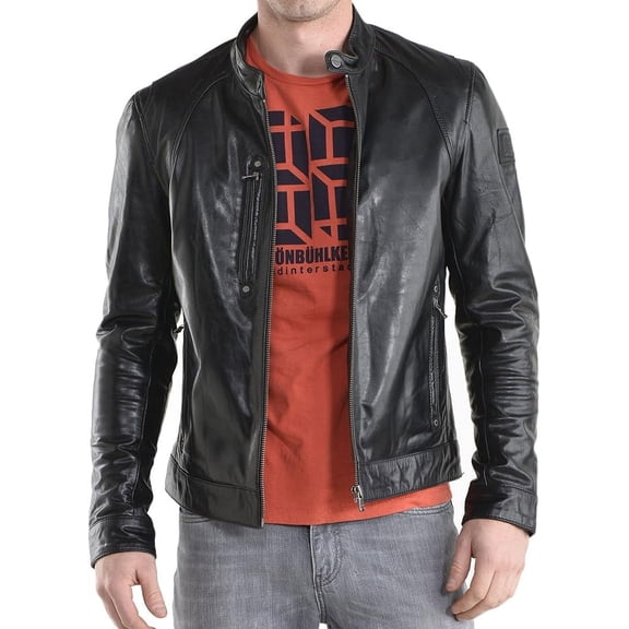 Men Pure Genuine Leather Jacket Lambskin Winter Vintage Motorcycle Biker Black A011