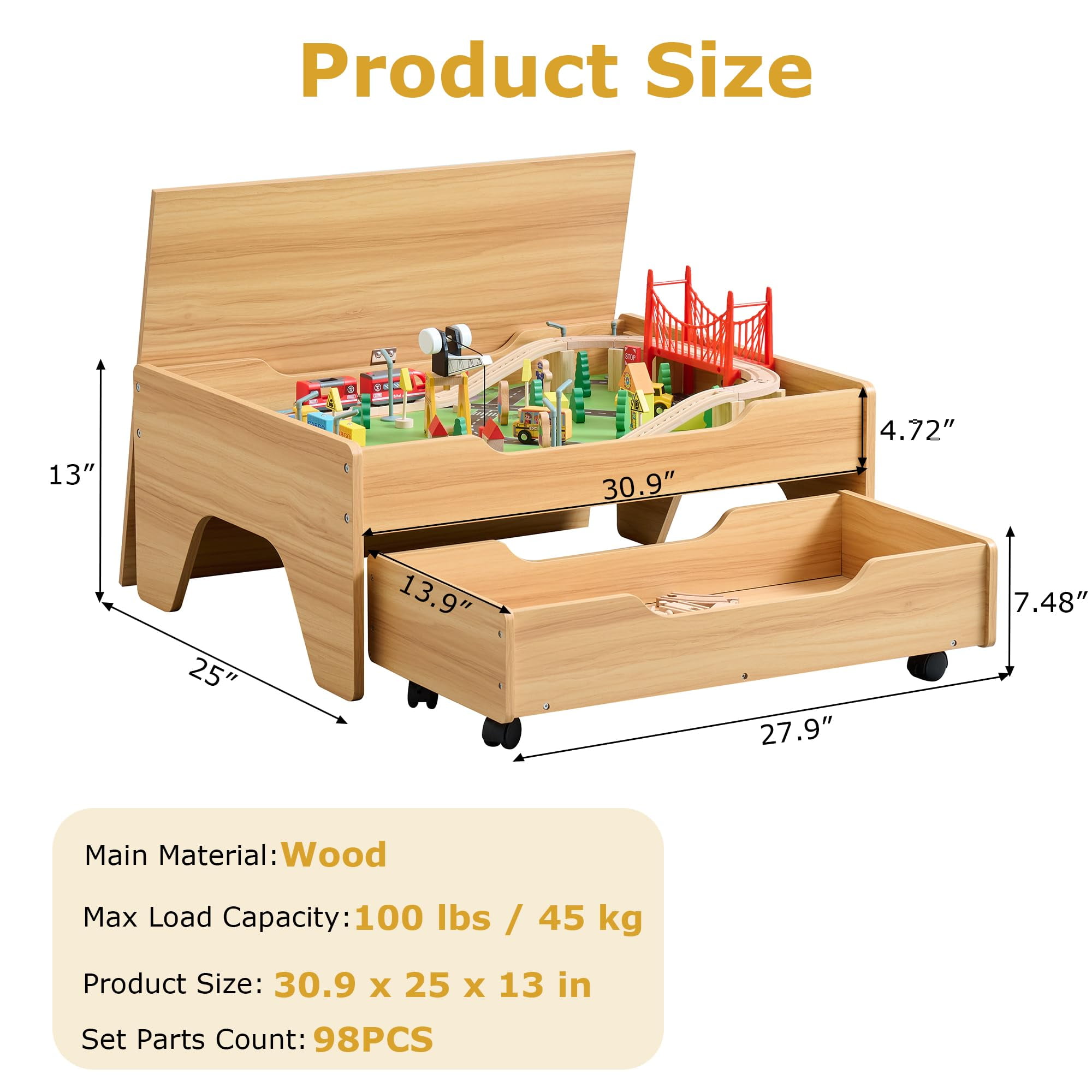 Train Table, 3-in-1 Wooden Kids Train Table with Storage Drawer, Rolling Kids Activity Table with Wheels, Toddler Train Track Table DIY Design for Gaming, Drawing, Building