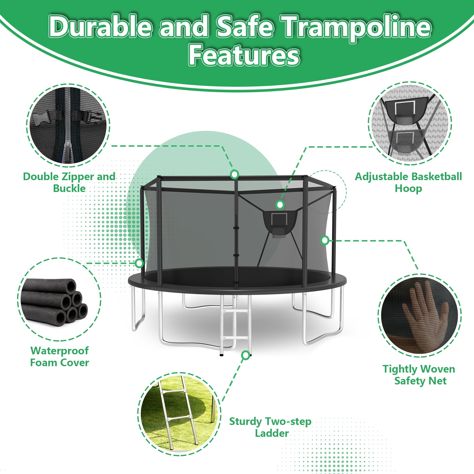 LHX Trampoline with Basketball Hoop 14FT 1400LBS Outdoor Trampolines for Kids Adults Backyard Heavy Duty Round Trampoline with Safety Enclosure Net, Lights, Sprinklers, Socks, No Gap Design