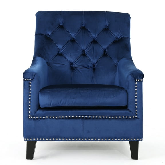 GDF Studio Jacey Contemporary Tufted Club Chair with Nailhead Trim, Navy Blue Velvet and Dark Brown