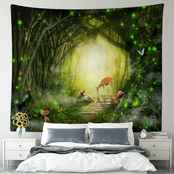 Cpdd Green Wall Tapestry For Bedroom Extra Large, Fairy Fantasy Forest Deer Mushroom Art Print Tapestries Nature Wall Hanging For Home Room Wall Decor