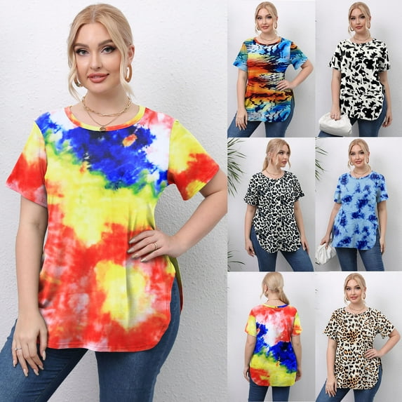 Uniexcosm Women Plus Blouse Round Neck T-Shirt Printed Floral Top