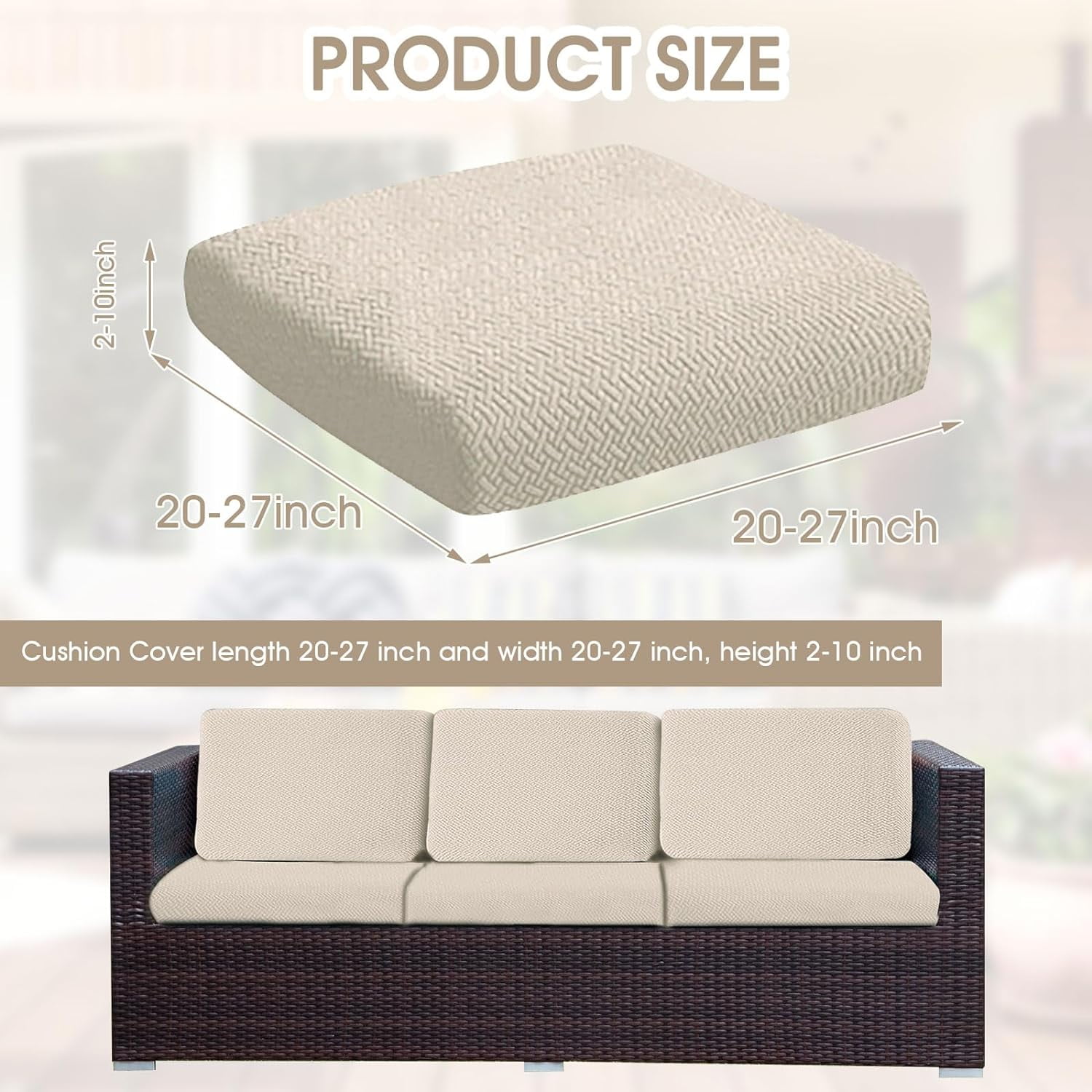 2 Pack 100% Waterproof Patio Sofa Cushion Covers, Stretch Outdoor/Indoor Individual Seat Cushion Cover Furniture Protector Sofa Slipcover, Beige