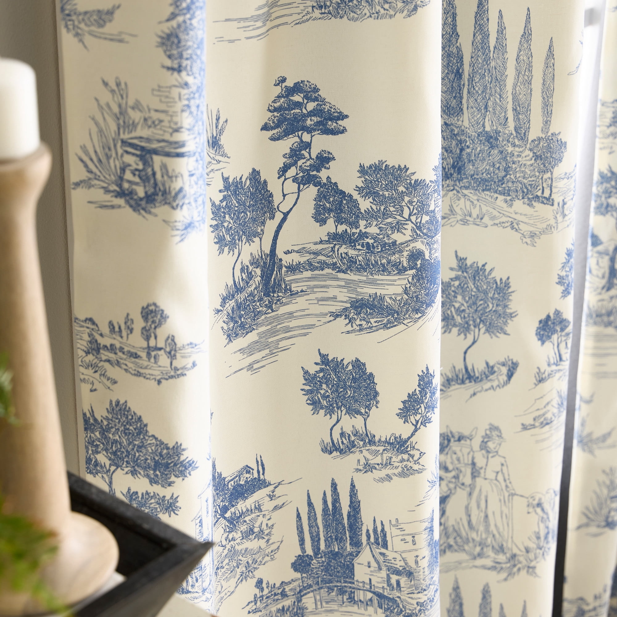 Martha Stewart Village Life Curtain Panel Pair, Blue, Back Tab, Blackout, Indoor, Adult, 2 Piece Set, 37" x 84"