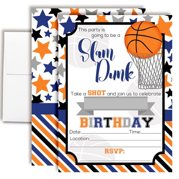 Slam Dunk Basketball Birthday Party Invitations for Boys for Kids, 20 Fill-In Cards with Envelopes, 5x7 Children's Birthday Party Invitations, Birthday Party Supplies, Made in USA by Amanda Creation