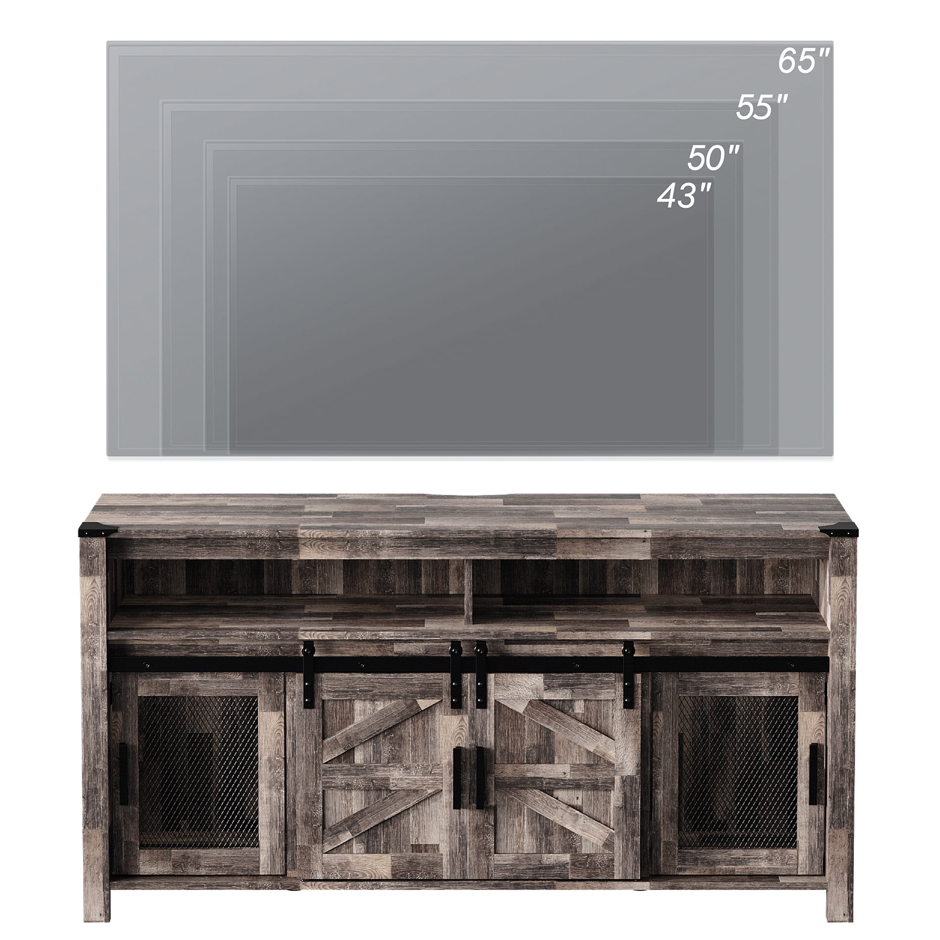 Farmhouse TV Stand with Sliding Barn Doors for 65 Inch TVs, Wood Tall Entertainment Center with Mesh Doors and Blue LED Lights, Dark Rustic Brown