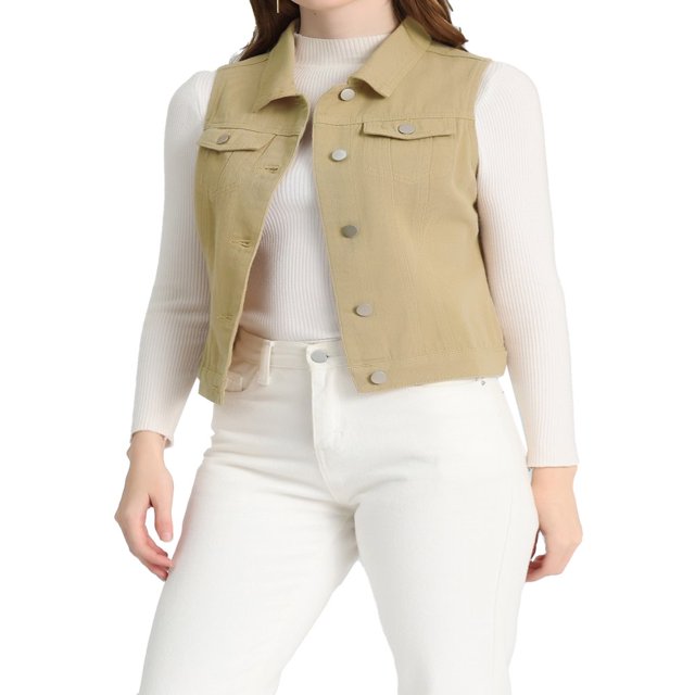Allegra K Women‘s Washed Chest Flap Pockets Single Breasted Denim Vest Jacket