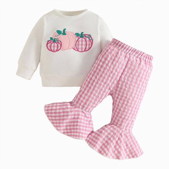 mgoYE Toddler Baby Girl Halloween Outfit Long Sleeve Pumpkin Tops and Plaid Flared Pants Toddler Girl Fall Winter Clothes Size 12-18 Months