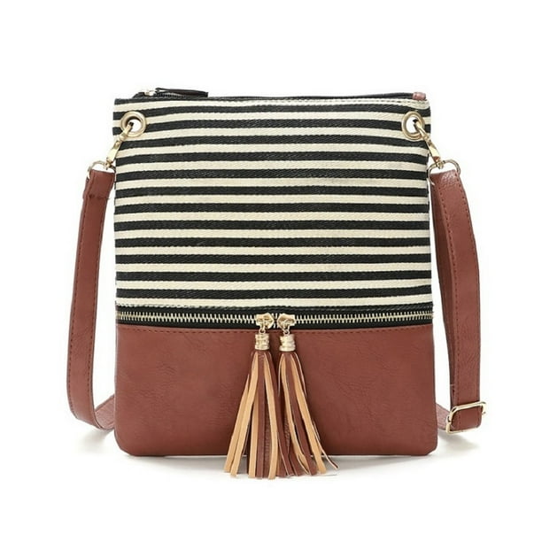 Bolso bandolera de hombro con costuras de PU a rayas blancas y negrasMarrón