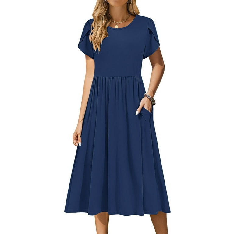 JISngxdf Women Dresses for Special Occasions Summer Casual Spring Short Sleeve Dress With Pockets Beach A Line Casual Dress Plus Size Ladies Skirt