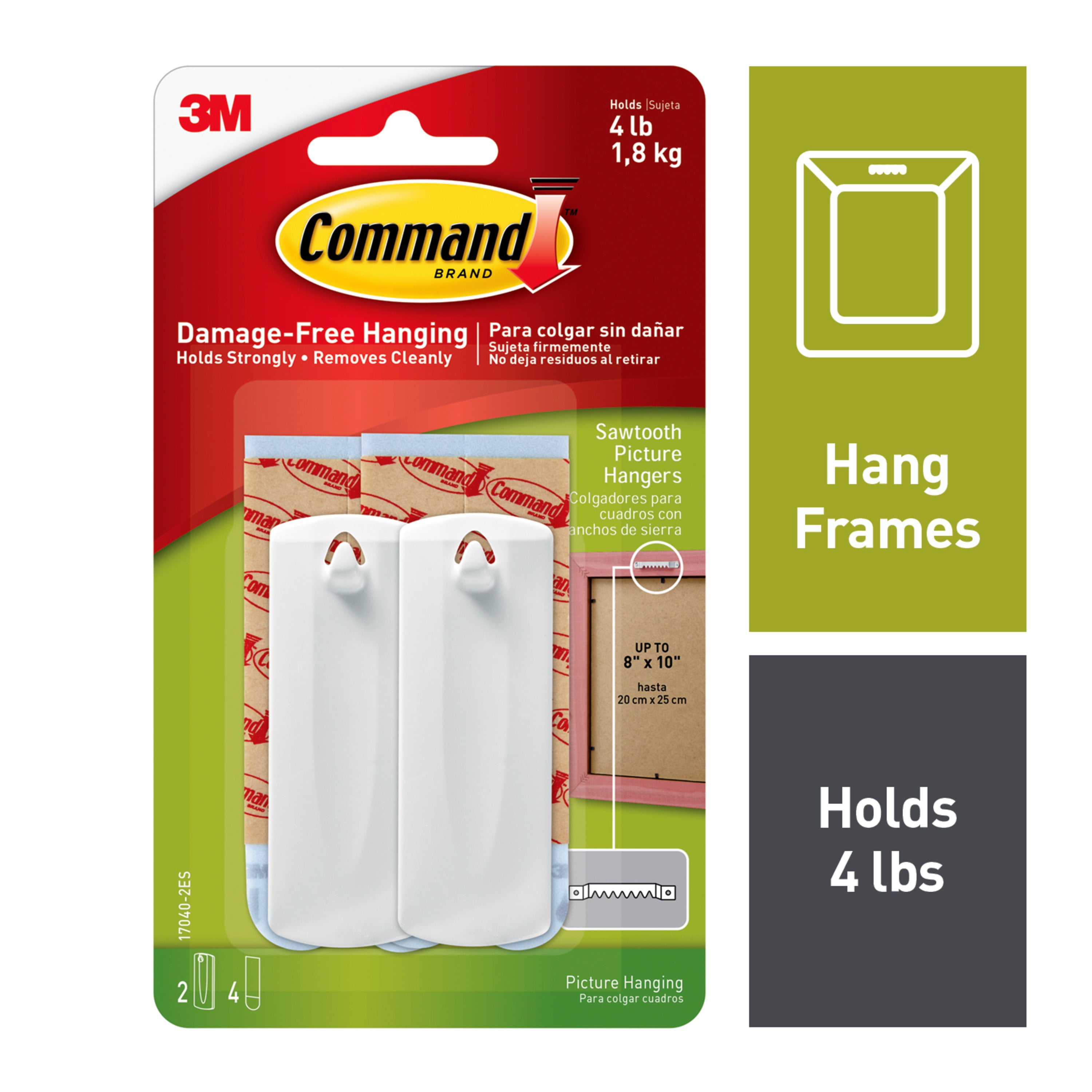 Command Sawtooth Picture Hanger Value Pack, White, Large, 2 Hangers, 4 Strips/Pack