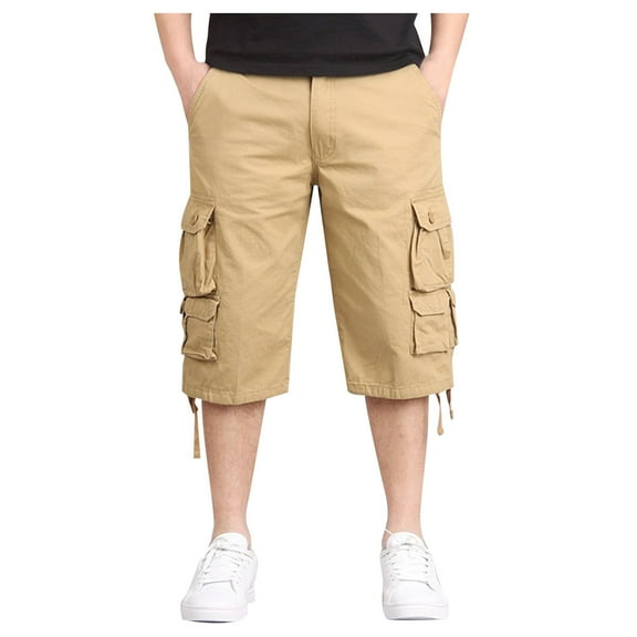 WERYOUNG Mens Casual Fashion Large Pocket Belt Solid Color Cargo Shorts Stylish Trunks, Khaki, 32