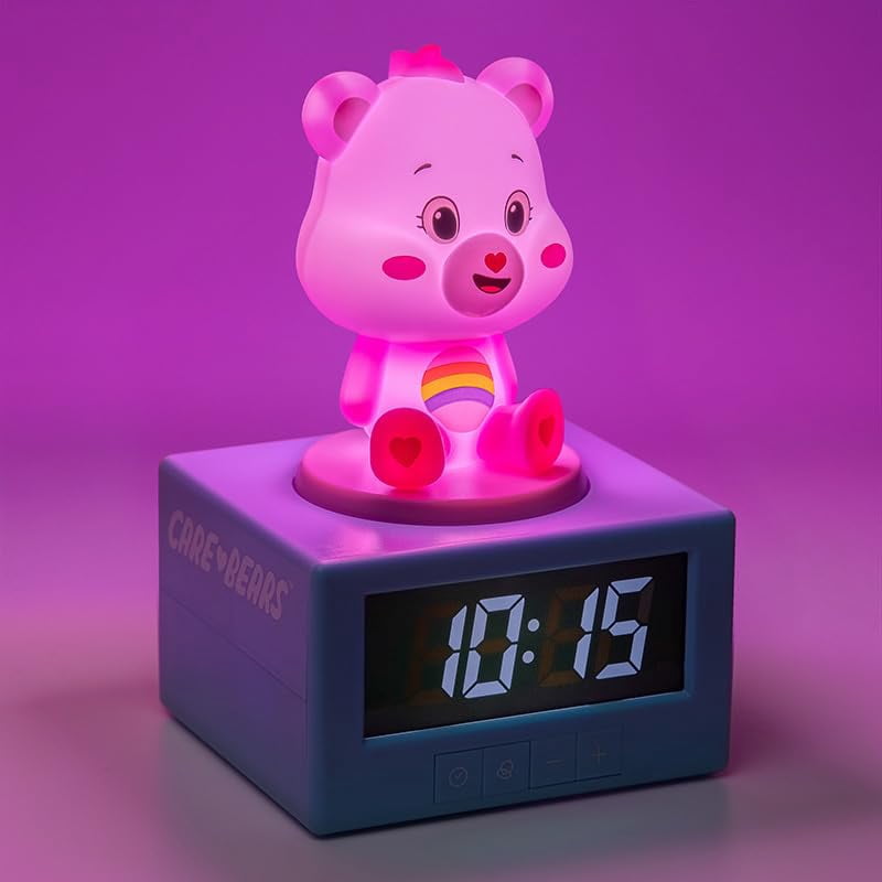 Care Bears Pink Cheer Bear Digital Alarm Clock with Night Light and Music, officially licensed bedroom decor for girls and women, battery-operated pop culture product | Paladone