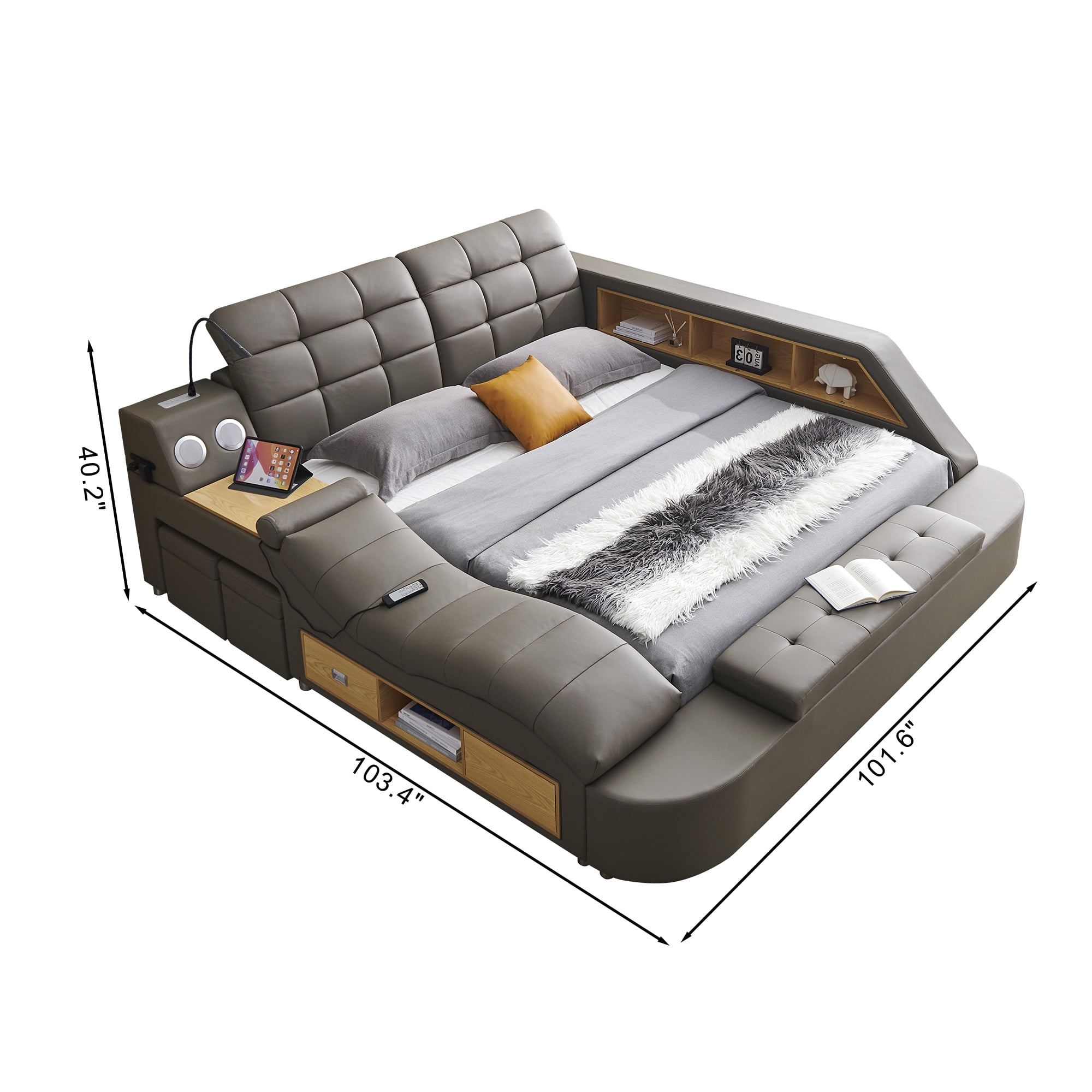 Multifunction Smart King Bed Frame, Upholstered Platform with Massage Recliner, Storage Drawers, Bluetooth Speaker, USB Charging Port, Adjustable Headboard