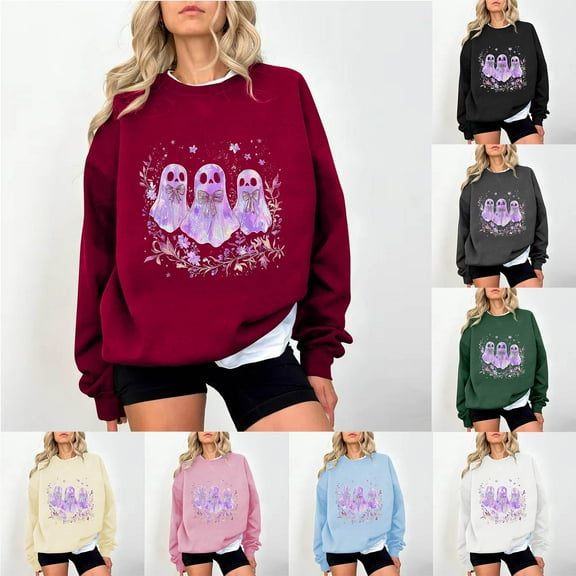 HomeDM Halloween Sweatshirts for Women Cute Funny Graphic Shirts Long Sleeve Crewneck Fall Pullover Tops - Red/L