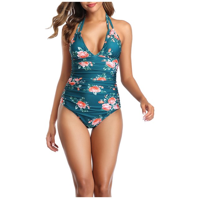Wyzesi Ladies Conservative Swimsuit Color Printed Chic Swimwear Ruffled Swimwears Green L