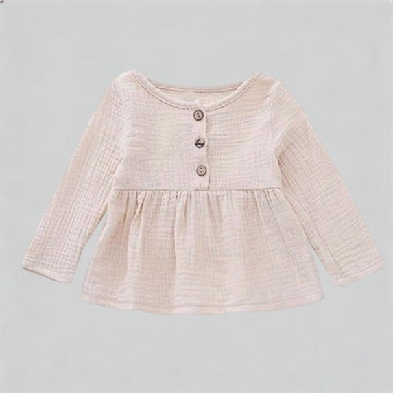 Aihuaihua Toddler Baby Shirt Girls' Long Sleeve Double Gauze Peplum Top Round Neck Coconut Button Vintage Cardigan 3-24M Beige 12-18 Months