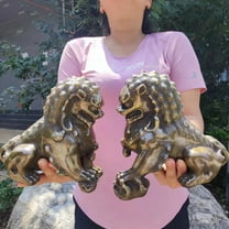 Pair of huge Bronze Fengshui copper Fu Foo Dogs Guardian Lions Statues Animals Tabletop Office ornaments Housewarming Congratulatory lions