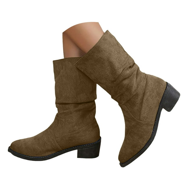 Dakaela Bottes Western Décontractées pour Femmes en Daim Cowboy Larges Mi-Mollet Bout Rond à Enfiler Chaussures de Marche
