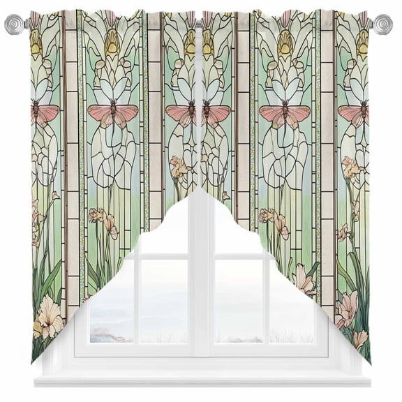Green Vintage Stained Glass Swag Valances for Windows 2 Pack Flowers Butterfly Swag Kitchen Curtains 36 Inches Long Rod Pocket Short Window Treatment for Kitchen Bathroom 28"x36"